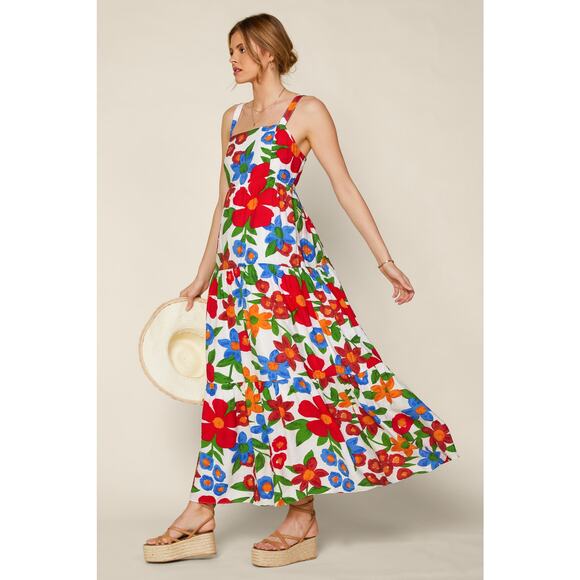 SKIES ARE BLUE Womens Large Isabel Floral Smock Maxi Summer Dress Red Blue Green - Picture 1 of 10
